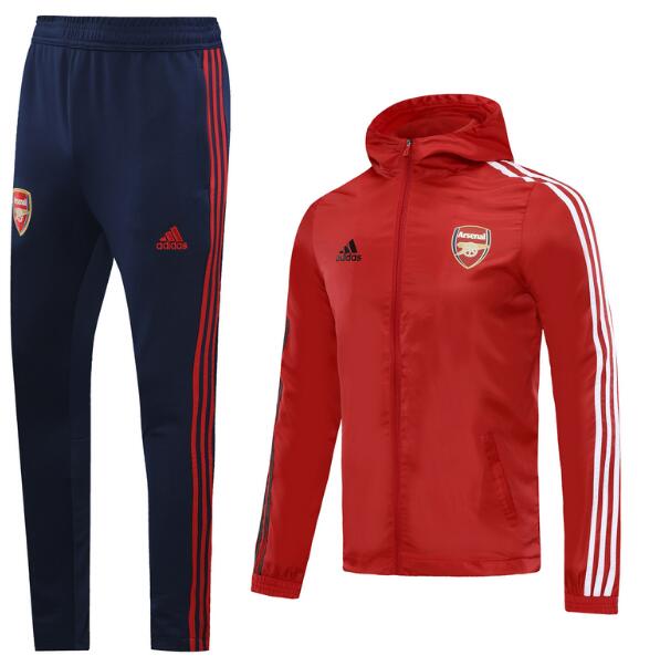 Arsenal Red White Stripe Windbreaker Hoodie Suits Jacket with Pants 2020/21